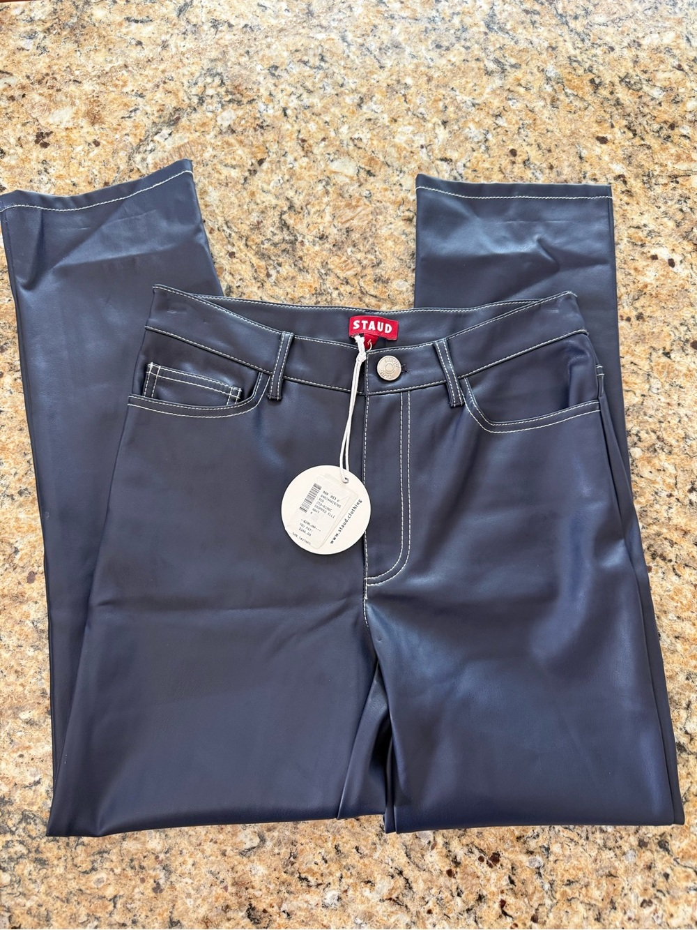NWT Women’s STAUD Elliot High-Waist Faux Leather Cropped Pants NAVY size 4